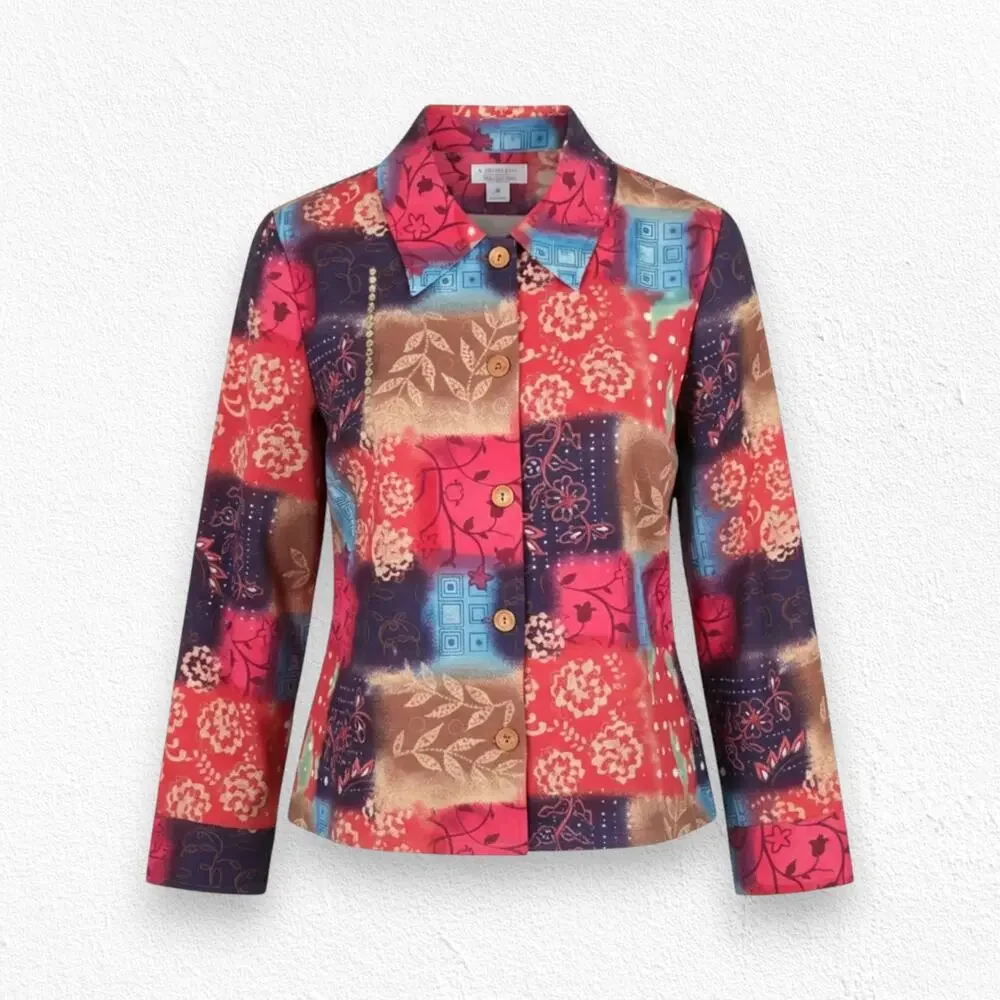 Colorful Floral Sequin Embroidery Wearable Art Button Front Jacket Size Medium